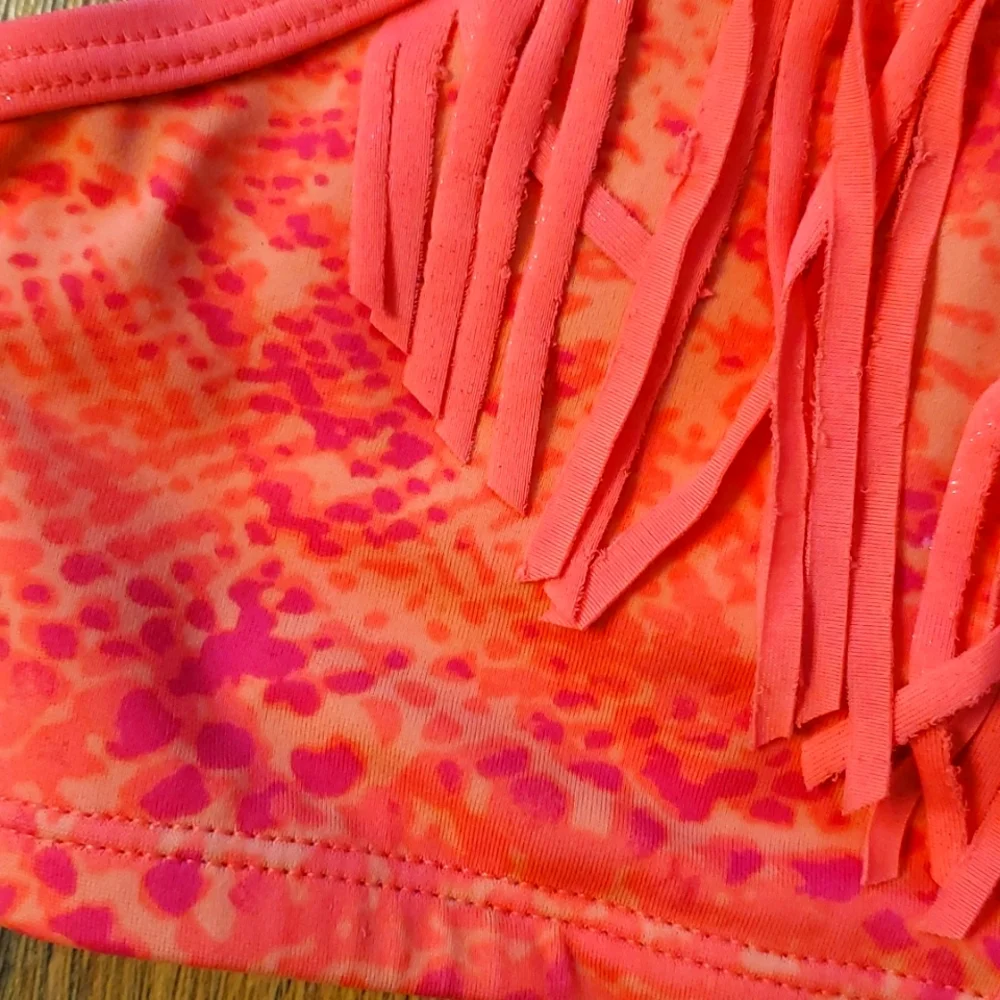 Justice Fluorescent Coral Fringed Swim Bikini Top Size 14‎ Girl